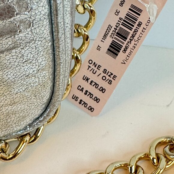NEW Victoria's Secret Shoulder Bag Purse Shinny Silver with Gold Chain Zipper - Picture 5 of 6